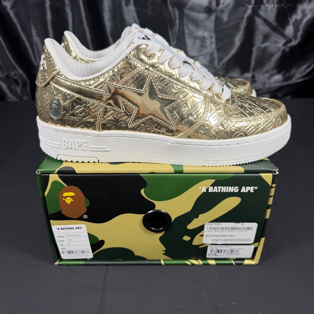 A Bathing Ape Bape Sta Gold Metallic Embossed Low Top Sneakers 1K80191305 Size 8